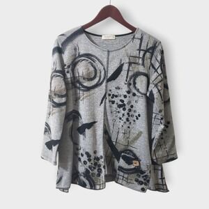 Jess & Jane Brushed Knit Abstract Asymmetric Tunic Top Grey Size Med Pocket USA